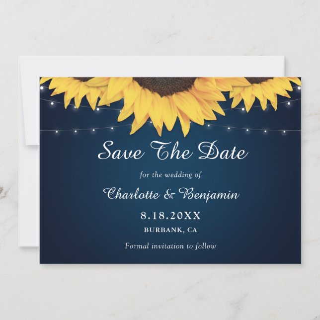 Rustikale Hochzeit der blauen Sonnenblumen der Mar Save The Date (Vorderseite)