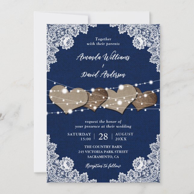 Rustikale Hochzeit der Country Navy Blue Burlap La Einladung (Vorderseite)