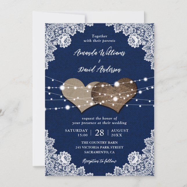 Rustikale Hochzeit der Country Navy Blue Burlap La Einladung (Vorderseite)