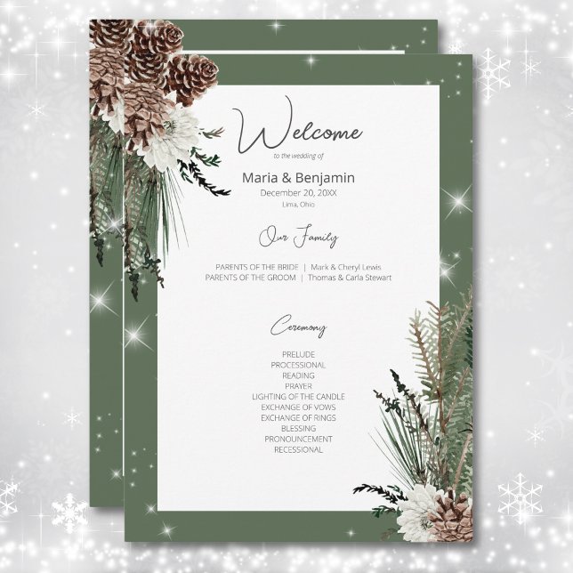 Rustikale Hochzeit der grünen Pine Programm (Rustic Green Pine Winter Sparkle Wedding Program)