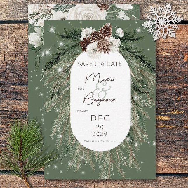 Rustikale Hochzeit der grünen Pine Save The Date (Rustic Green Pine Winter Sparkle Wedding Save The Date)