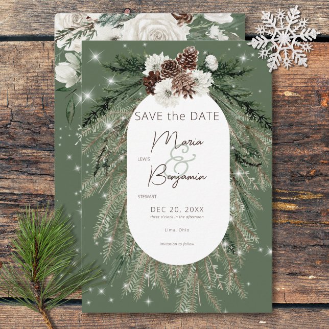 Rustikale Hochzeit der grünen Pine Save The Date (Rustic Green Pine Winter Sparkle Wedding Save The Date)