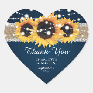 Rustikale Hochzeit der Navy Blue Burlap Lace Sunfl Herz-Aufkleber