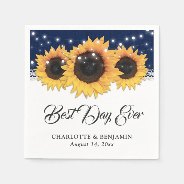 Rustikale Hochzeit der Navy Blue Burlap Lace Sunfl Serviette (Vorderseite)