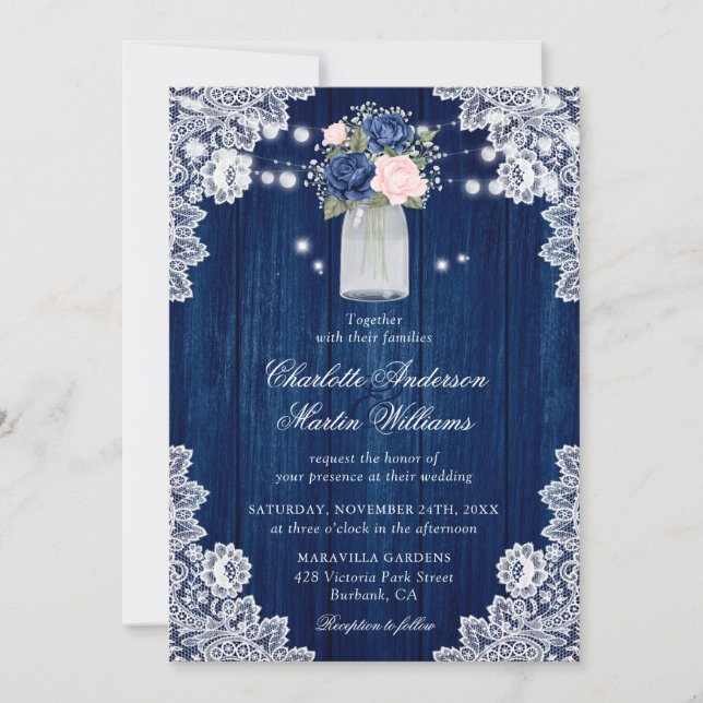 Rustikale Hochzeit der Navy Blush Floral Einladung (Vorderseite)