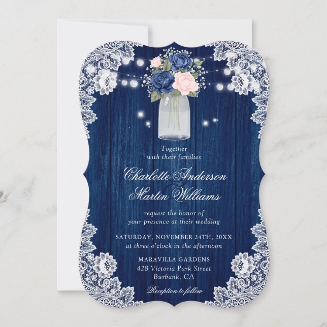 Rustikale Hochzeit der Navy Blush Floral Einladung (Vorderseite)