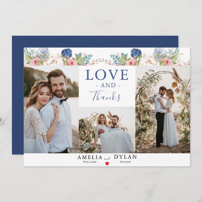 Rustikale Hochzeit der Navy Blush Pink Floral Dankeskarte (Vorne/Hinten)