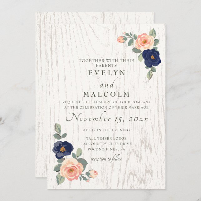 Rustikale Hochzeit der Navy in Blau und Peach Flor Einladung (Vorne/Hinten)