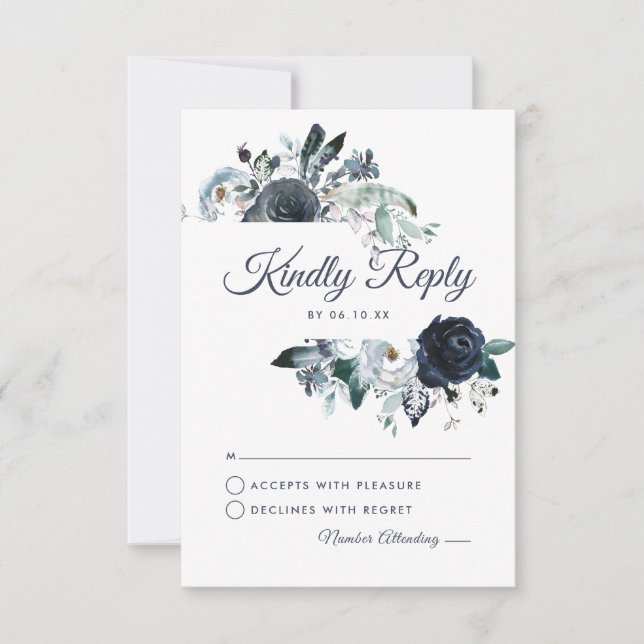 Rustikale Hochzeit der Navy Peony Watercolor RSVP (Vorderseite)