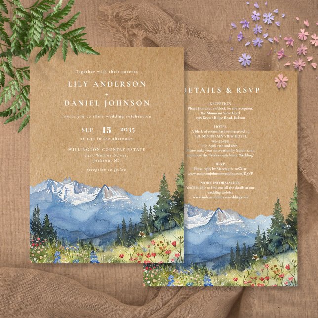 Rustikale Hochzeit der Wildblume Watercolor Einladung (Rustic Watercolor Mountain Wildflower Wedding Invitation)