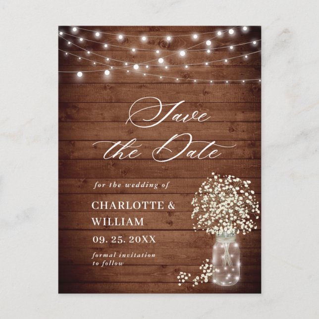 Rustikale Hochzeit des Babys retten das Datum Postkarte (Vorderseite)