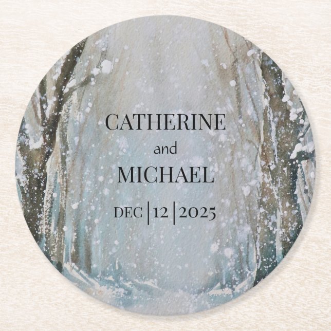 Rustikale Hochzeit des blauen Winterwaldes Runder Pappuntersetzer (Vorderseite)