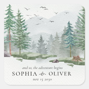 Rustikale Hochzeit des grünen Pinienwaldes Quadratischer Aufkleber