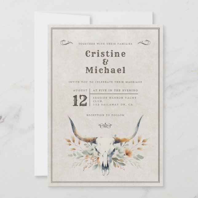 Rustikale Hochzeit des langgestreckten Schädels Einladung (Vorderseite)