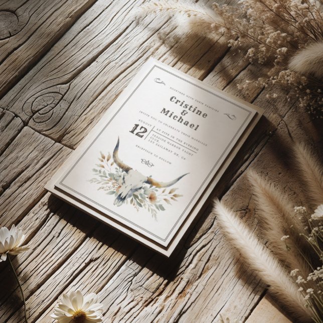 Rustikale Hochzeit des langgestreckten Schädels Einladung (Western wedding invitation featuring a watercolor longhorn skull and prairie flowers)