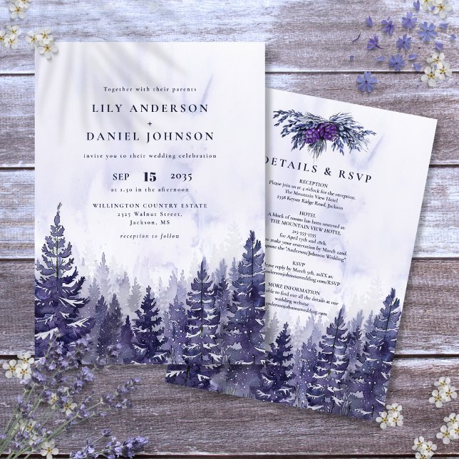 Rustikale Hochzeit des Lila Pinienwaldes Einladung (Rustic Watercolor Purple Pine Tree Forest Wedding Invitation)