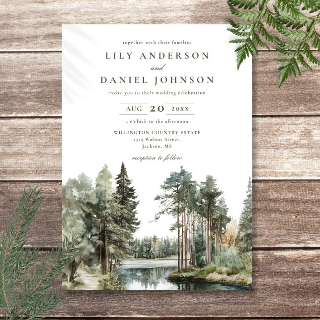 Rustikale Hochzeit des Waldes im Wasserfarbensee Einladung (Rustic Watercolor Lake Forest Woodland Wedding Invitation)
