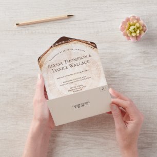 Rustikale Hochzeit Holz Baumrinden Ringe Einzigart All In One Einladung