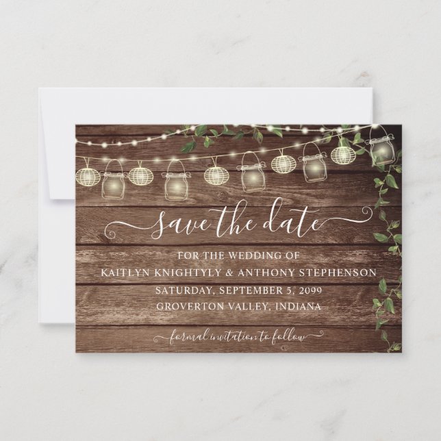 Rustikale Hochzeit Holz Lichter Mason Jar Save The Date (Vorderseite)