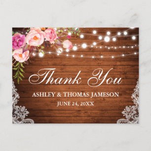 Rustikale Hochzeit Holz Rosa Florale Lichter Spitz Postkarte