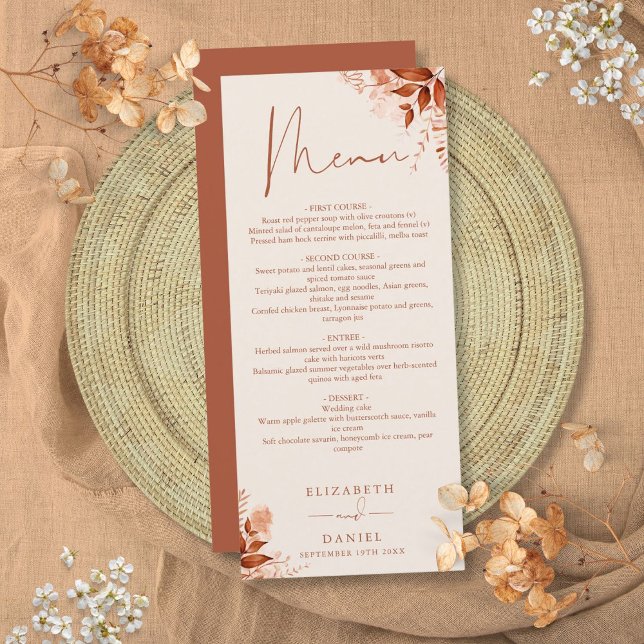 Rustikale Hochzeit im Herbst Herbst Abendessen Menükarte (Rustic Floral Autumn Fall Wedding Dinner Menu)