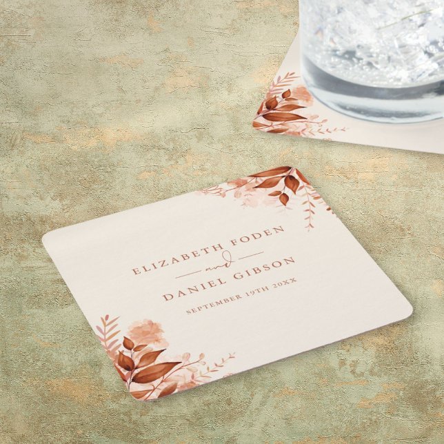 Rustikale Hochzeit im Herbst Rechteckiger Pappuntersetzer (Rustic Floral Autumn Fall Wedding Square Paper Coaster)