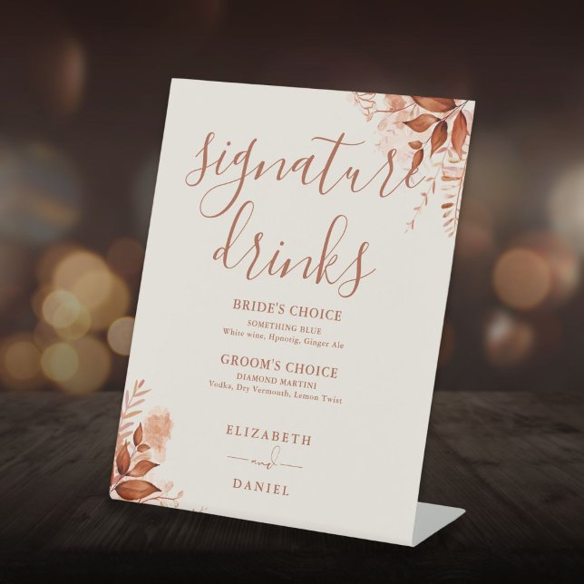 Rustikale Hochzeit im Herbst Sockelschild (Rustic Floral Fall Wedding Signature Drinks Pedestal Sign)