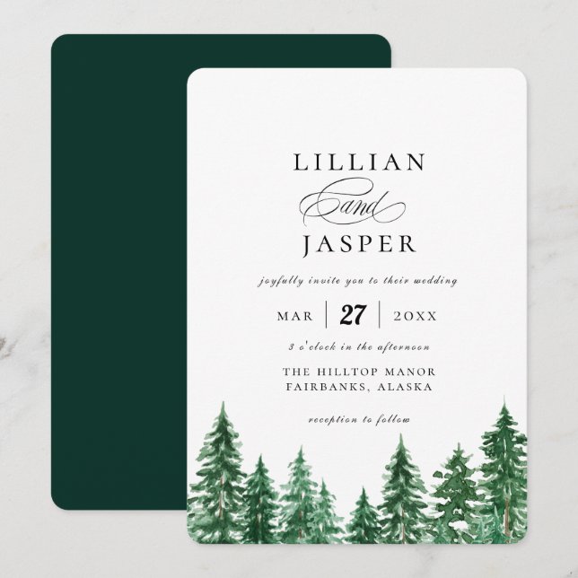 Rustikale Hochzeit im Wasserfarbenwald Einladung (Vorne/Hinten)