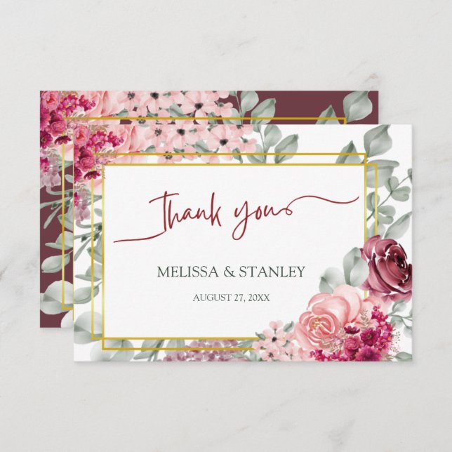Rustikale Hochzeit in Burgund Marsala und Rosa Dankeskarte (Vorne/Hinten)
