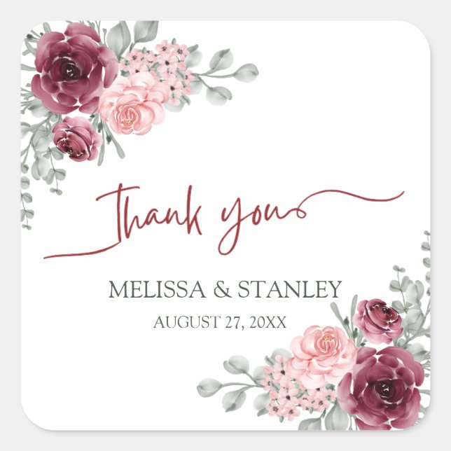 Rustikale Hochzeit in Burgund Marsala und Rosa Quadratischer Aufkleber (Vorderseite)