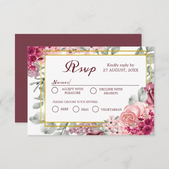 Rustikale Hochzeit in Burgund Marsala und Rosa RSVP Karte (Vorne/Hinten)