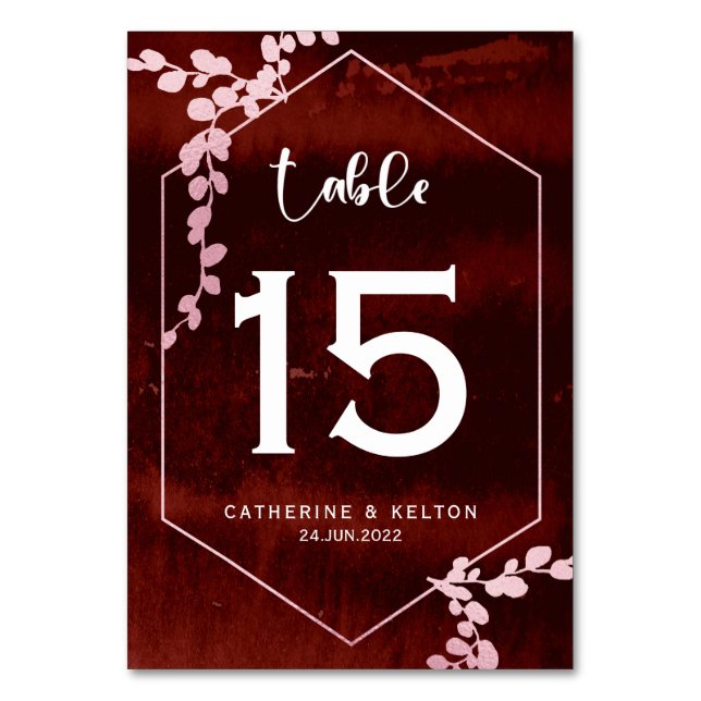 Rustikale Hochzeit in Burgund, rosa, geometrische  Tischnummer (Vorderseite)