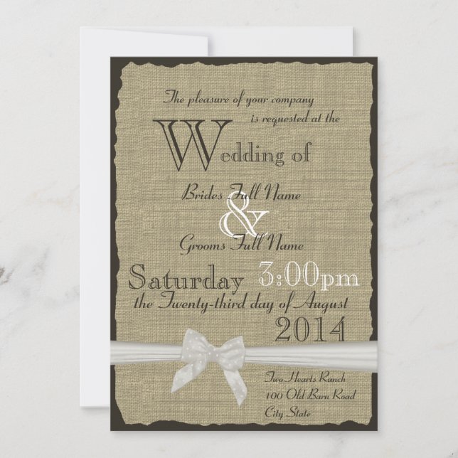 Rustikale Hochzeit in Burlap und Bows Einladung (Vorderseite)