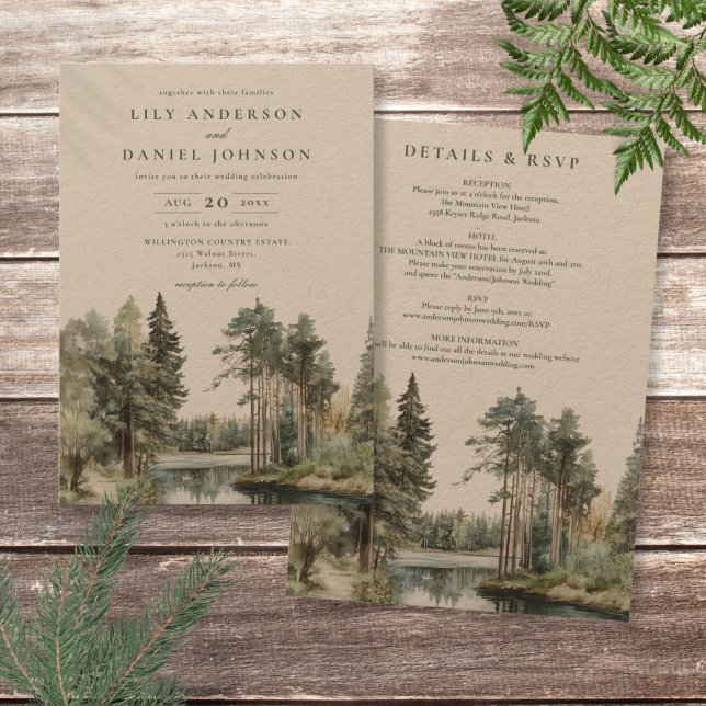 Rustikale Hochzeit in einer Wasserfarbe Einladung (Rustic All In One Watercolor Lake Forest Wedding Invitation)