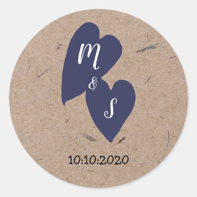 Rustikale Hochzeit | Kraft Paper Monogram Navy Hea Runder Aufkleber (Vorderseite)