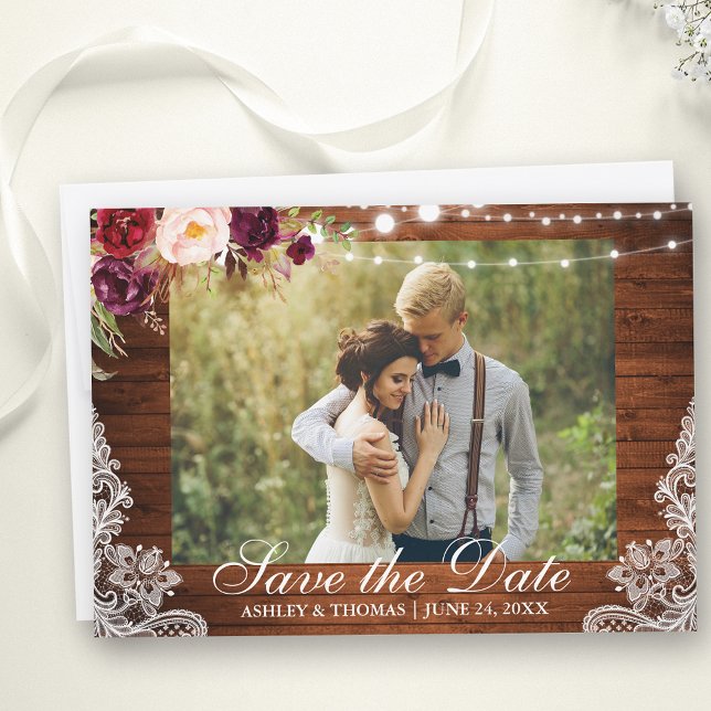 Rustikale Hochzeit Lace Burgundy Floral Save the D Save The Date (Customize to change text size, style or to add more text to back of card.)