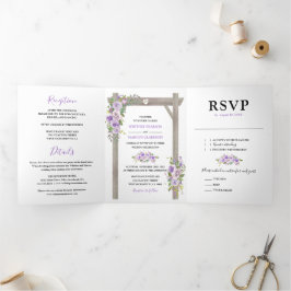 Rustikale Hochzeit mit 3 in 1 Lila Aquarellen Dreifach Gefaltete Einladung