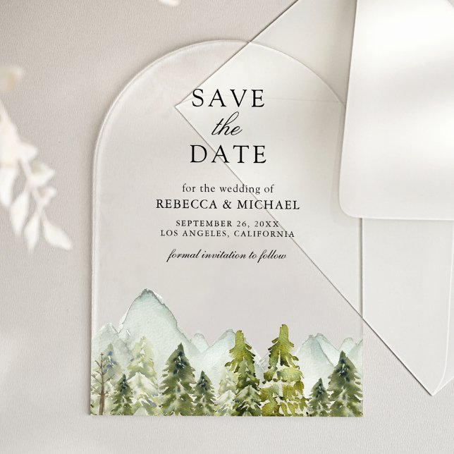 Rustikale Hochzeit mit Bergkiefern - Save-the-Date Acryleinladungen (Von Creator hochgeladen)