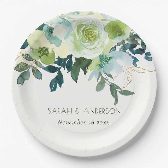 Rustikale Hochzeit mit blauem grünem Blumengestein Pappteller (Vorderseite)