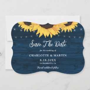 Rustikale Hochzeit mit blauem Holz und Sonnenblume Save The Date