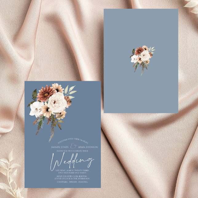 Rustikale Hochzeit mit blauem Pfirsich Einladung (Elegant Dusty Blue Peach Floral Wedding Invitation)