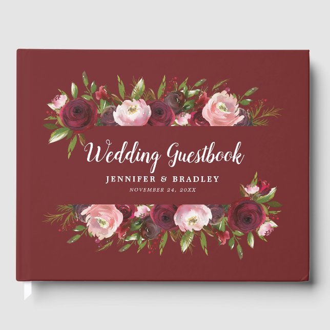 Rustikale Hochzeit mit Burgund Blush Floral Gästebuch (Vorderseite)