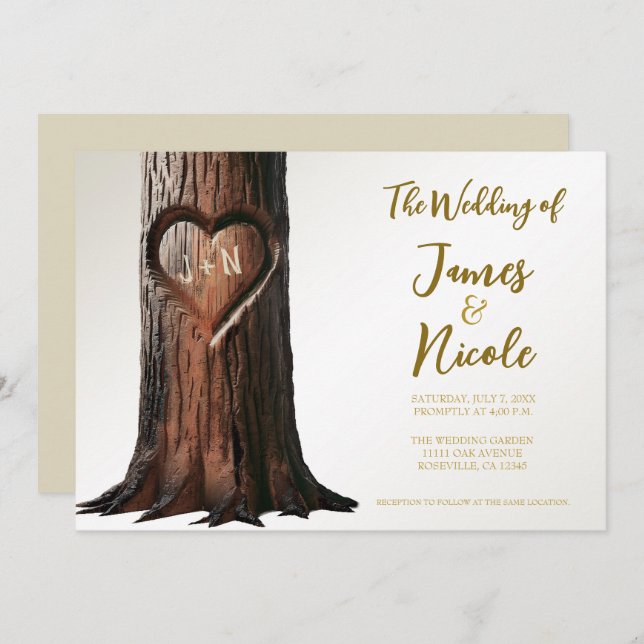 Rustikale Hochzeit mit Carved Heart Tree Einladung (Vorne/Hinten)