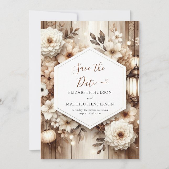 Rustikale Hochzeit mit digitaler Flora Save The Date (Vorderseite)