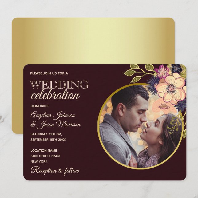 Rustikale Hochzeit mit floralem Burgund Einladung (Vorne/Hinten)