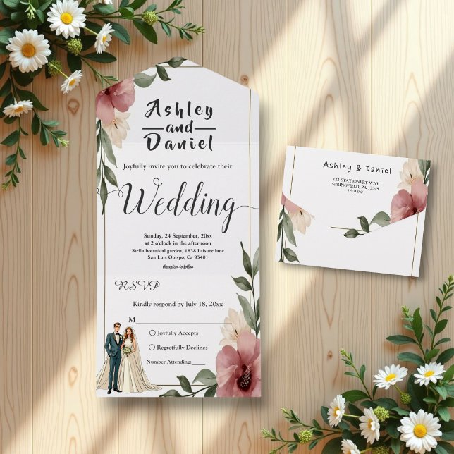 Rustikale Hochzeit mit floralen Wasserfarben All In One Einladung (Von Creator hochgeladen)