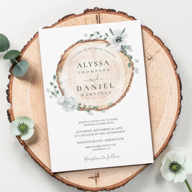 Rustikale Hochzeit mit Holzschnitt Wasserfarben Einladung (Boho watercolor florals with rustic wood cut slice wedding invitation.)