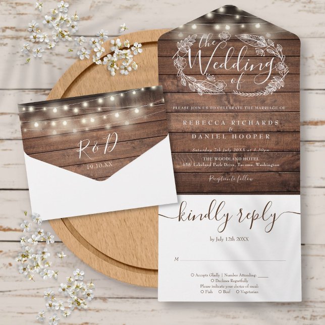 Rustikale Hochzeit mit Holzstring-Lichtern All In One Einladung (Rustic Wood String Lights Script Floral Wedding All In One Invitation)
