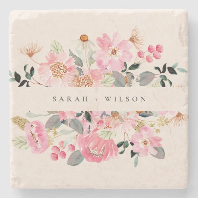 Rustikale Hochzeit mit lebendigem Rosa Wasserfarbe Steinuntersetzer (Vorderseite)