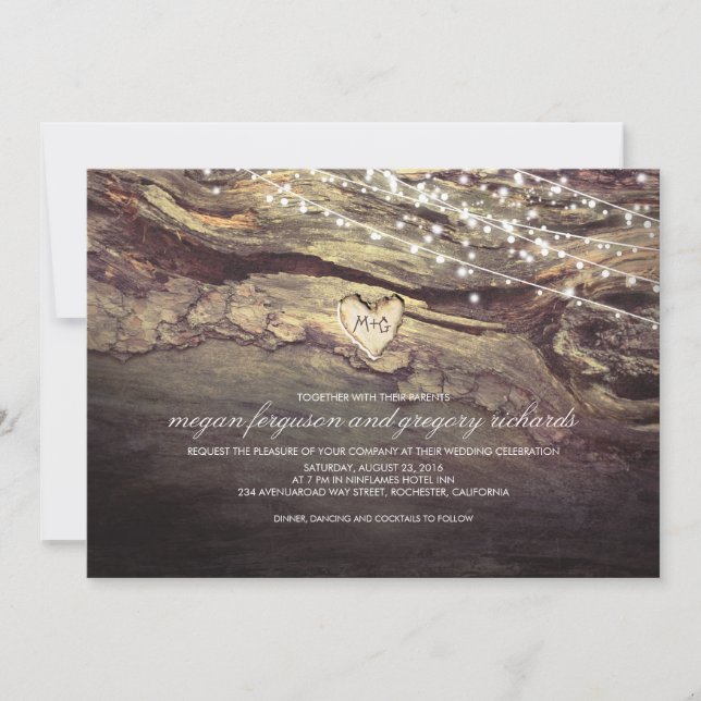Rustikale Hochzeit mit Lichtern Einladung (Vorderseite)